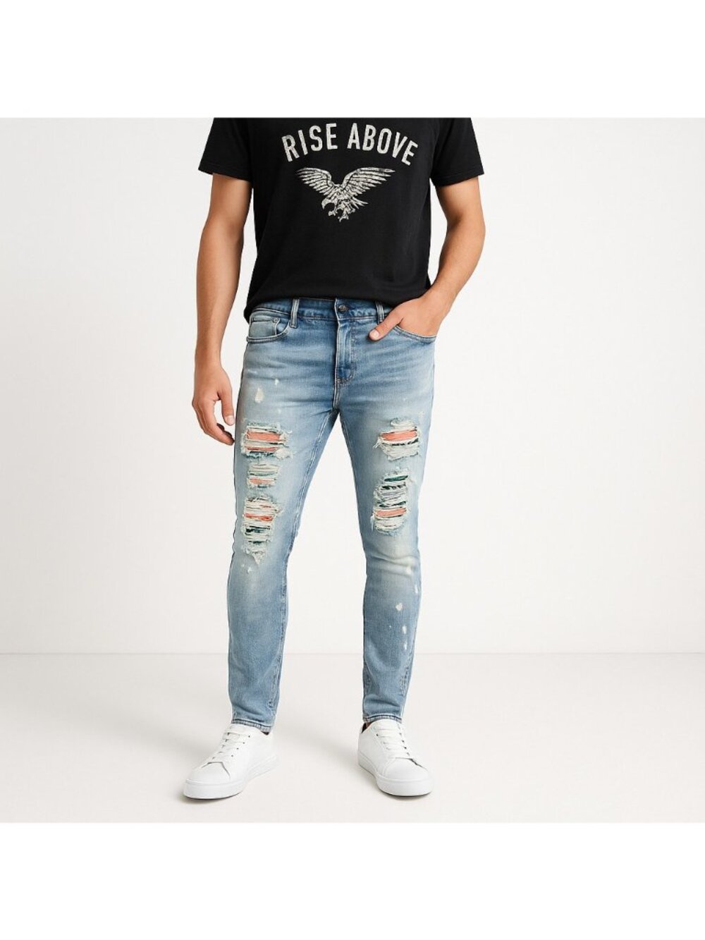 Waimea Mens Distressed Skinny Jeans Size 38 Light Wash Paint Splatter Streetwear